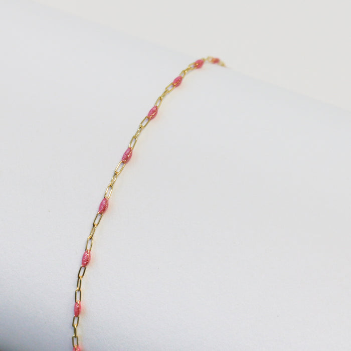 Lavinia Permanent Jewelry Chain, Pink Enamel Design, Cable Links, Available in Gold Filled and Sterling Silver