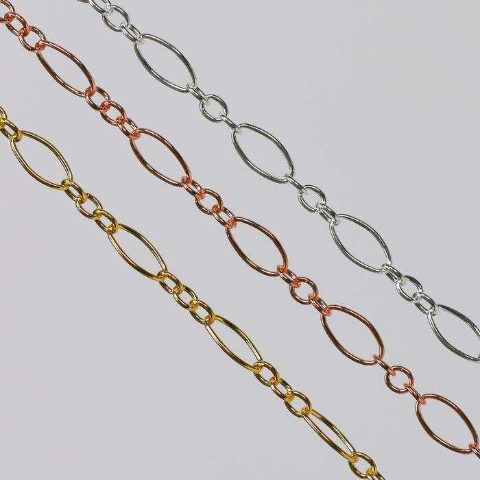 Three chains in gold, rose gold, and silver on a gray background