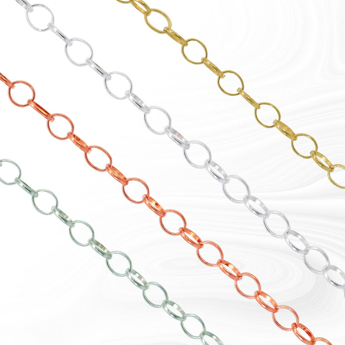 An assortment of Lucy Chain jewelry in various metals including sterling silver, gold filled yellow, gold filled white, and gold filled rose, displayed in parallel on a light background.