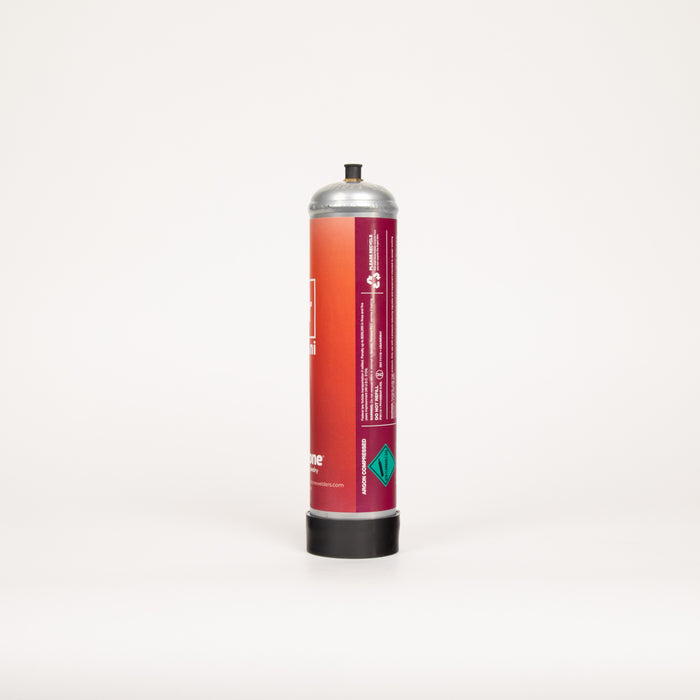 Cylindrical argon gas container with a red label on a white background