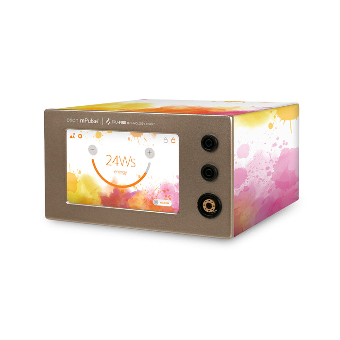 Vinyl sticker of a color paint splatter that wraps around the Orion mPulse Welder.