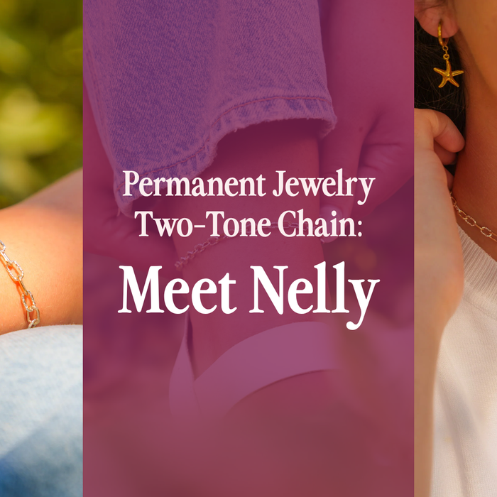 Blog post cover about a two tone, mixed metal, permanent jewelry chain by Sunstone named Nelly.