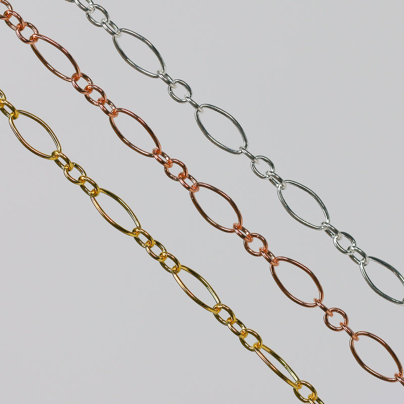 Three chains in gold, rose gold, and silver on a gray background