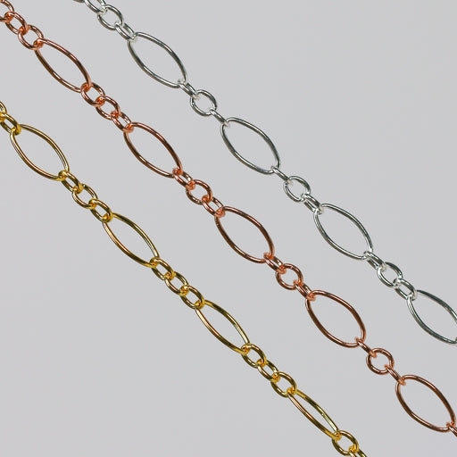 Three chains in gold, rose gold, and silver on a gray background