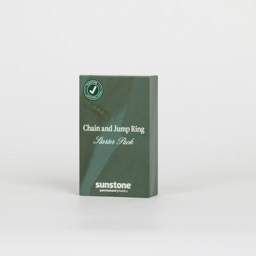 Green packaging of Sunstone chain and jump ring starter pack on a white background