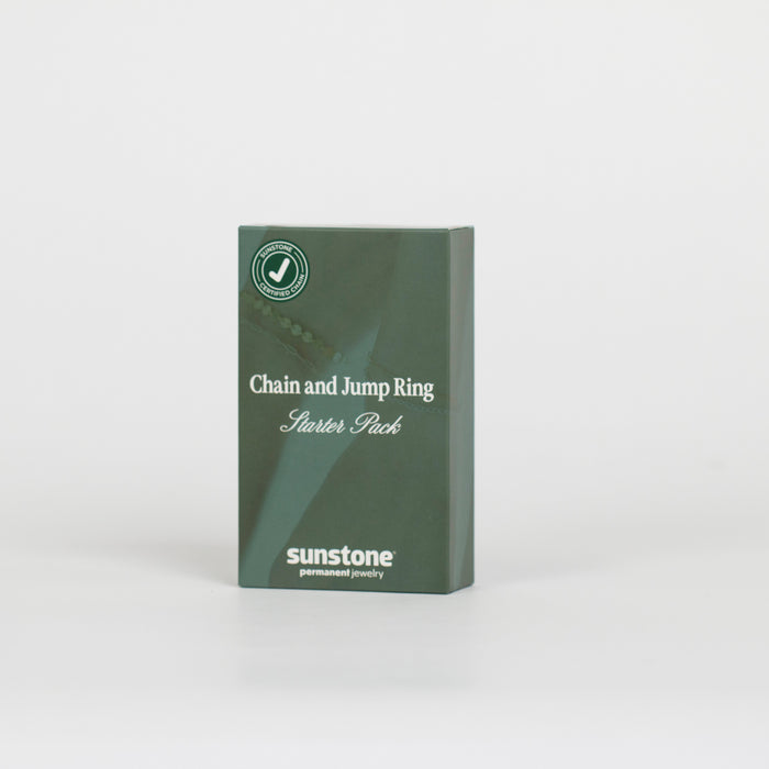 Green packaging of Sunstone chain and jump ring starter pack on a white background