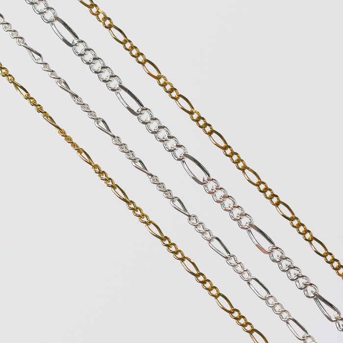 Charlie Permanent Jewelry Chain, Figaro Design, Lie Flat Links, Available in Gold Options and Sterling Silver