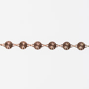 Rose gold bracelet with circular links on a white background