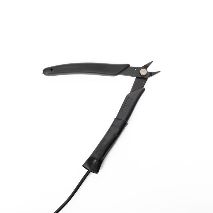 Black precision pliers with a black cable coming off the handle that grounds electricity.