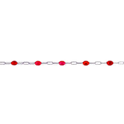 A silver permanent jewelry bracelet chain featuring alternating oval transparent red enamel, shown against a plain white background.
