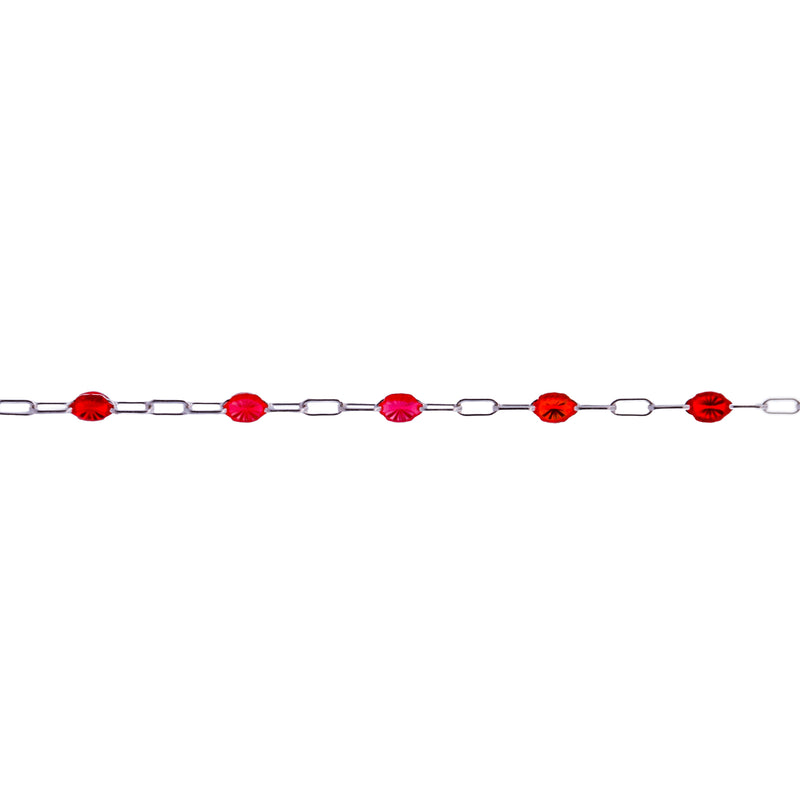A silver permanent jewelry bracelet chain featuring alternating oval transparent red enamel, shown against a plain white background.