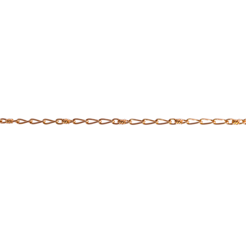 A close-up horizontal view of a yellow gold chain with elongated oval links meant for permanent jewelry, shown against a solid white background.