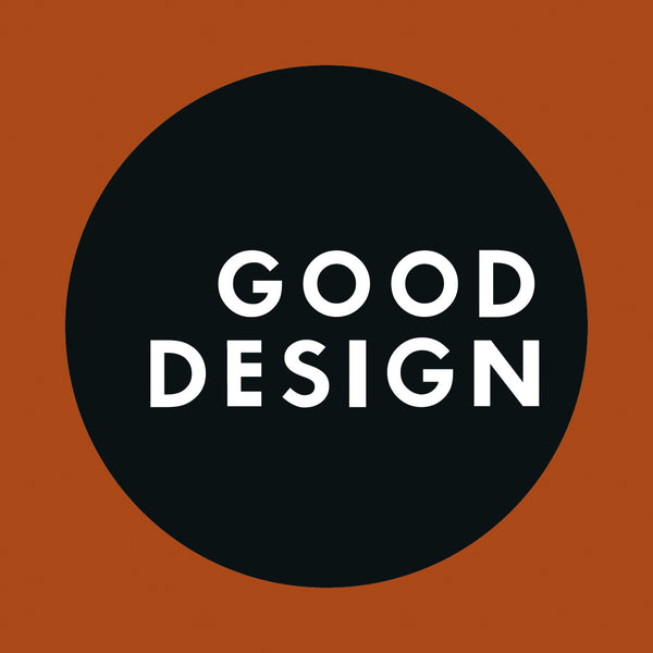 Black circle with 'GOOD DESIGN' text on a brown background