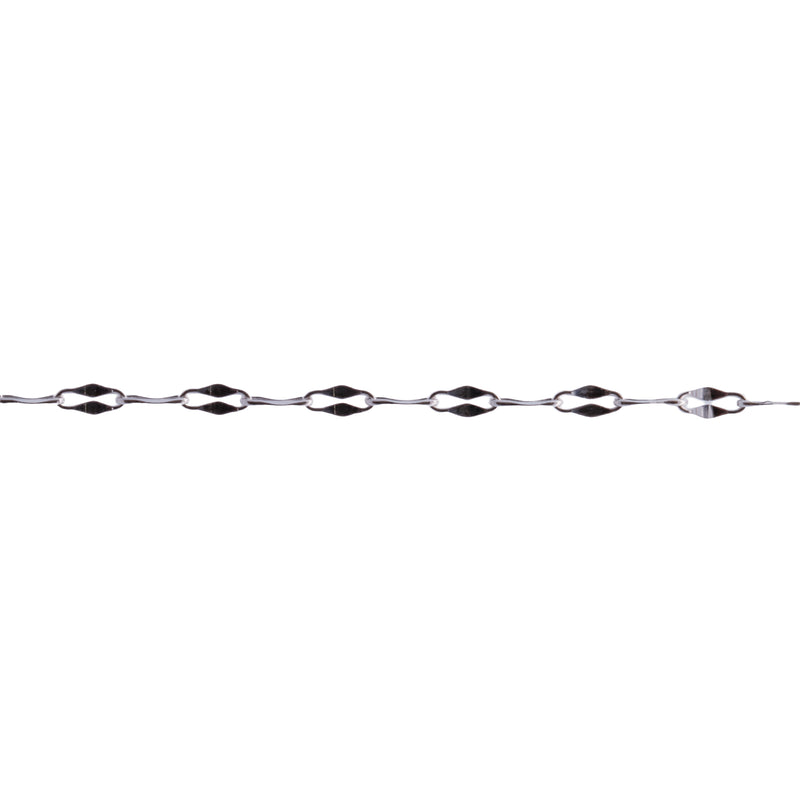 A close-up of a silver chain with repeating silver paperclip links with a hammered diamond-shape to them, shown horizontally against a plain white background.
