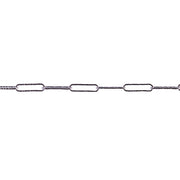 A close-up of a silver textured paperclip chain featuring elongated, rounded rectangular links on a plain white background.