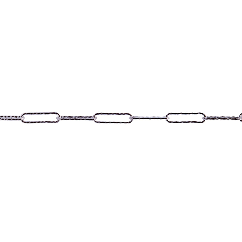 A close-up of a silver textured paperclip chain featuring elongated, rounded rectangular links on a plain white background.