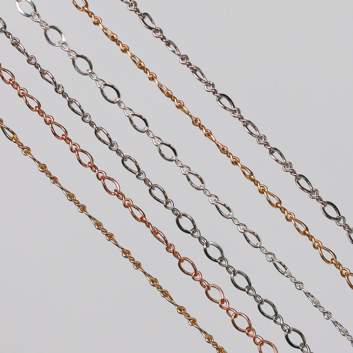 Several different metal type options and colors of the same permanent jewelry chain.
