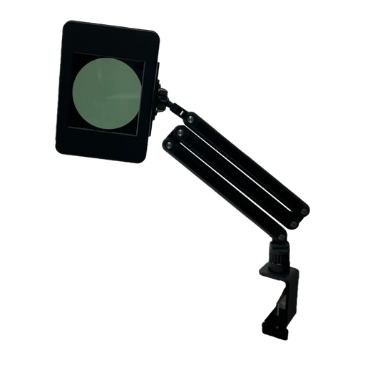 Black darkening magnifying glass for permanent jewelry welding with adjustable arm on a white background