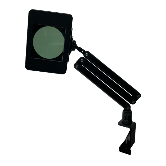 Black darkening magnifying glass for permanent jewelry welding with adjustable arm on a white background