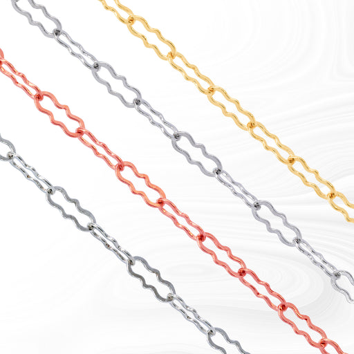 An assortment of crinkled paperclip design chains in sterling silver, gold filled yellow, gold filled white, and gold filled rose colors.