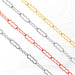 An assortment of crinkled paperclip design chains in sterling silver, gold filled yellow, gold filled white, and gold filled rose colors.