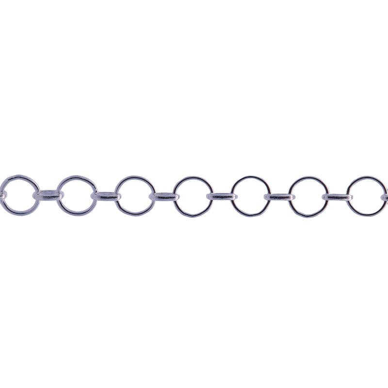 A close-up of a silver chain featuring alternating oval and circular links, shown horizontally against a plain white background.