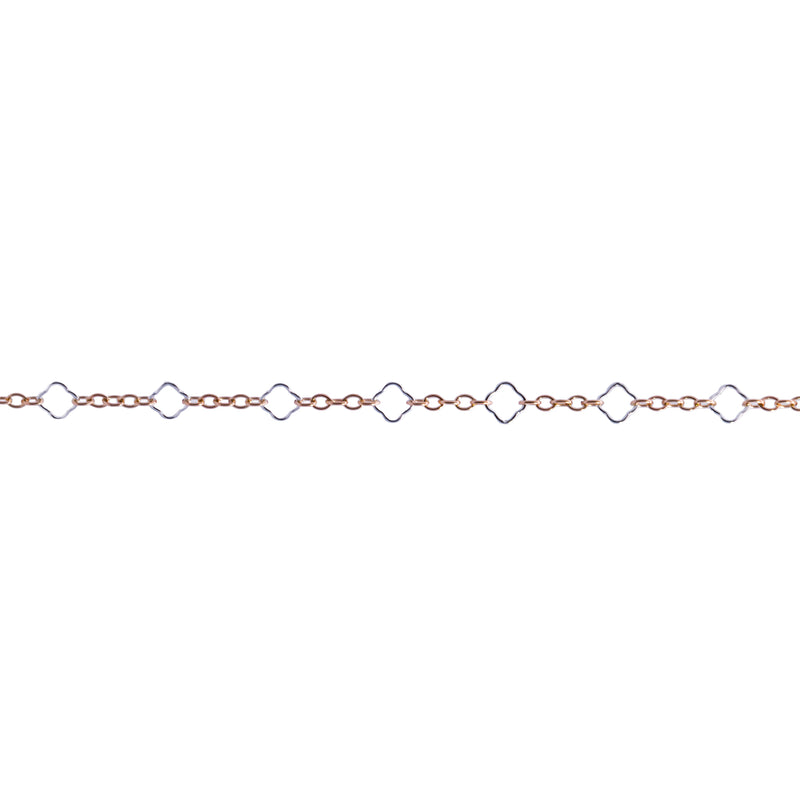 A close-up horizontal view of a delicate chain for permanent jewelry that features alternating small oval links in gfy and larger open diamond links in ss, shown against a plain white background.