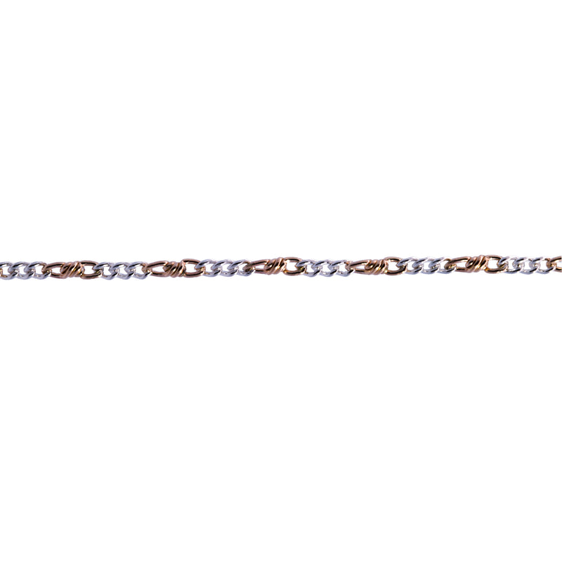 A close-up horizontal view of a chain link necklace featuring alternating yellow gold and silver-tone links on a plain white background.