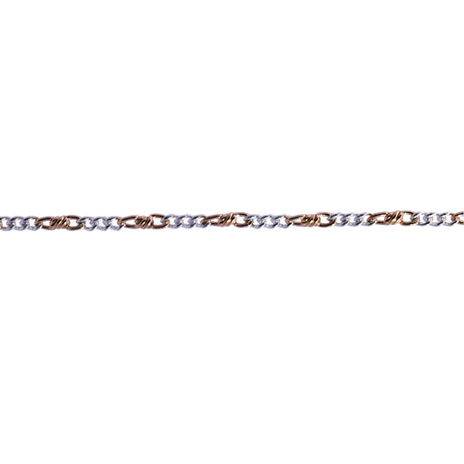 A close-up horizontal view of a chain link necklace featuring alternating yellow gold and silver-tone links on a plain white background.