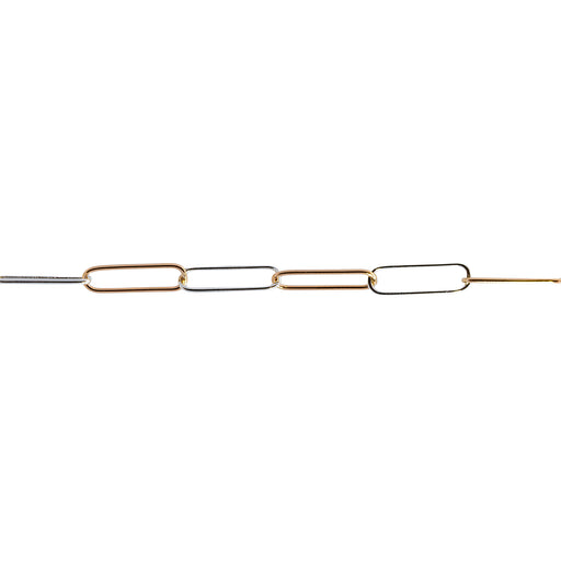 A permanent jewelry chain with alternating gold and silver paperclip links, shown horizontally against a plain white background.