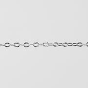 Shiny closeup photo of silver chain with textured oval links.