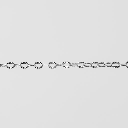 Shiny closeup photo of silver chain with textured oval links.