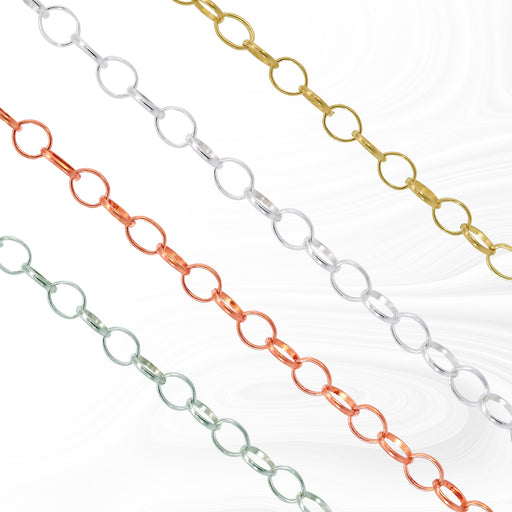 An assortment of Lucy Chain jewelry in various metals including sterling silver, gold filled yellow, gold filled white, and gold filled rose, displayed in parallel on a light background.