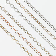 Round link permanent jewelry chains in 6 different metal and color types.