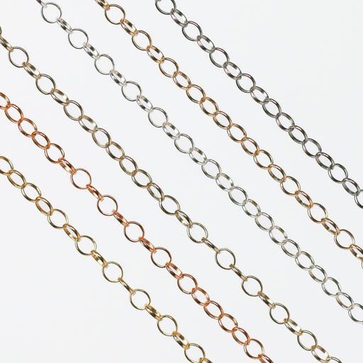 Round link permanent jewelry chains in 6 different metal and color types.