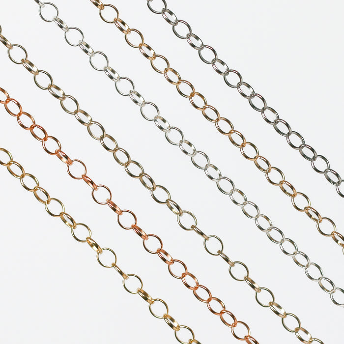 Round link permanent jewelry chains in 6 different metal and color types.