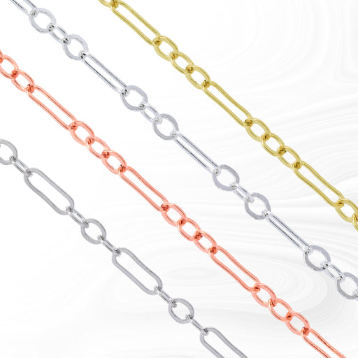 Multiple chains in different colors including silver, gold, and rose gold, displayed side by side.