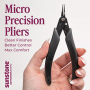 Micro precision pliers held in a hand with promotional text on a white background
