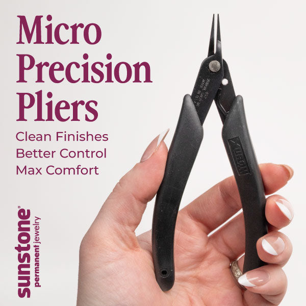 Micro precision pliers held in a hand with promotional text on a white background