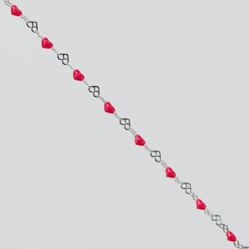 Natalie Permanent Jewelry Chain, Heart Links with Dark Rose Enamel, Available in Sterling Silver