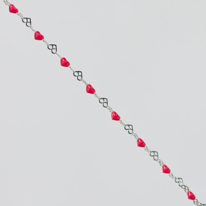 Natalie Permanent Jewelry Chain, Heart Links with Dark Rose Enamel, Available in Sterling Silver
