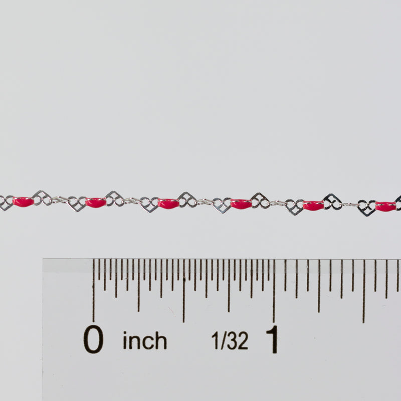 Natalie Permanent Jewelry Chain, Heart Links with Dark Rose Enamel, Available in Sterling Silver