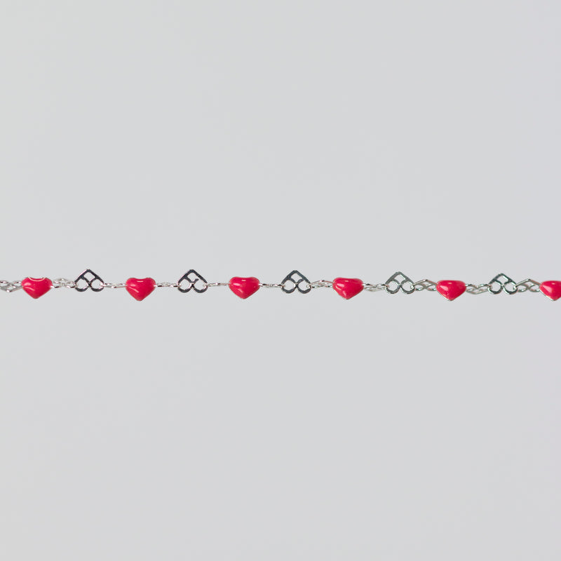 Natalie Permanent Jewelry Chain, Heart Links with Dark Rose Enamel, Available in Sterling Silver