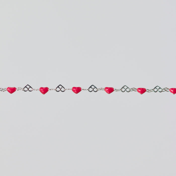 Natalie Permanent Jewelry Chain, Heart Links with Dark Rose Enamel, Available in Sterling Silver