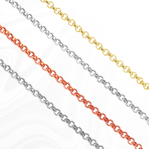 Four different chain material types all the same style of chain. The different materials are Sterling Silver, White Gold filled, gold filled, and rose gold filled.