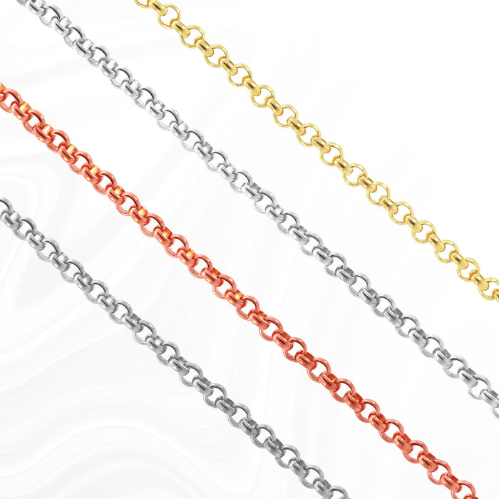 Four different chain material types all the same style of chain. The different materials are Sterling Silver, White Gold filled, gold filled, and rose gold filled.