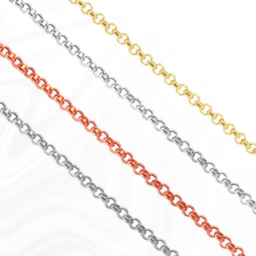Four different chain material types all the same style of chain. The different materials are Sterling Silver, White Gold filled, gold filled, and rose gold filled.