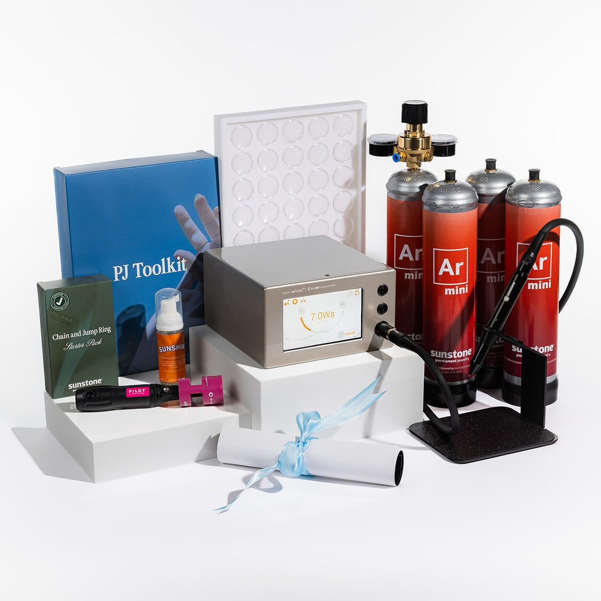 Photo of the Sunstone Legacy Permanent Jewelry Starter Kit with a Orion mPulse® Welder.