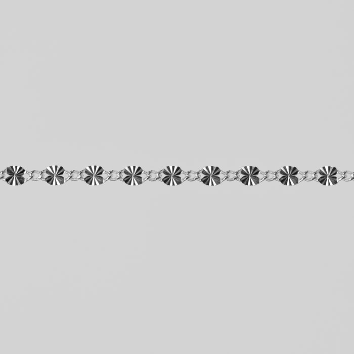Decorative sterling silver chain pattern on a gray background