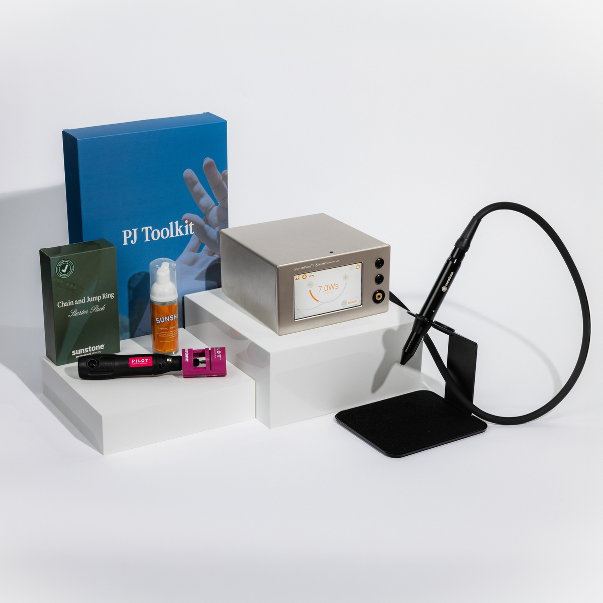 Photo of the Sunstone Legacy Permanent Jewelry Starter Kit with a Orion mPulse® Welder.
